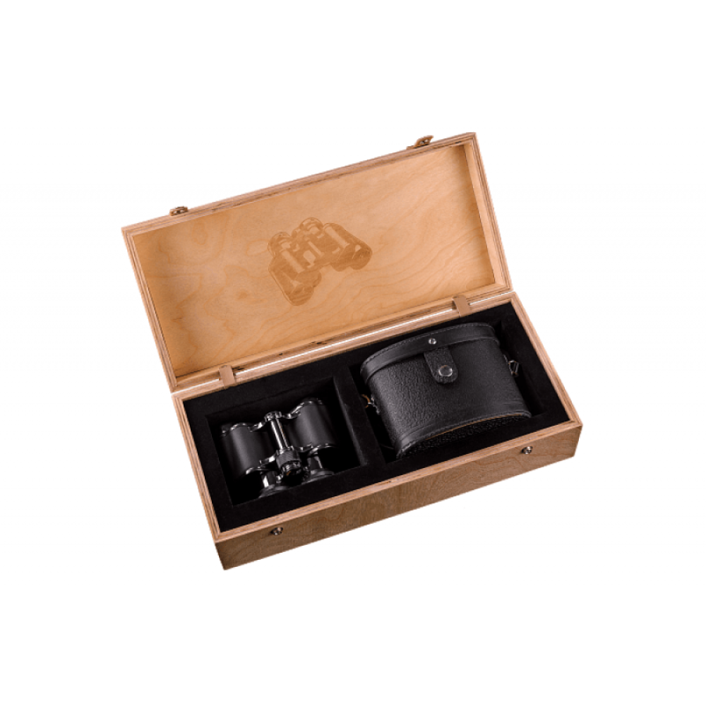 Бинокль БПЦ5 8х30М с оклеенным кожей корпусом и отделкой «Темный хром» в деревянной шкатулке