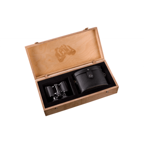 Бинокль БПЦ5 8х30М с оклеенным кожей корпусом и отделкой «Темный хром» в деревянной шкатулке